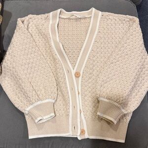Veronica Beard Kylean Cream Knit Button-Front Cardigan with Ivory Trim